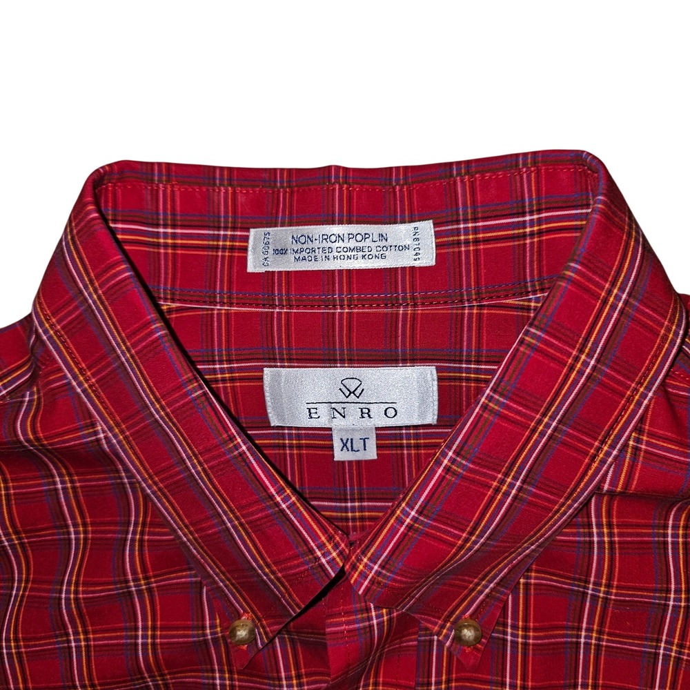 ENRO‎ XLT Red Plaid Button Up Long Sleeve Shirt Non-Iron Poplin Cotton Blend